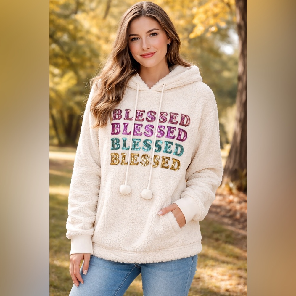 NWT Miss Chievous Cream Sherpa “Blessed” Sequin Hoodie Size Large Cozy Pullover